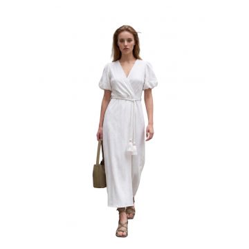 Rochie maxi -  decolteu in V - cu cordon - alb - bumbac/poliester