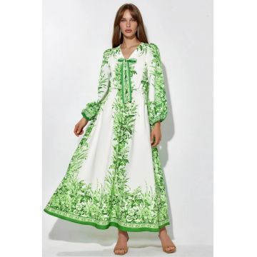 Rochie Maxi -  decolteu in V - detalii cu snur - multicolor - poliester-lycra