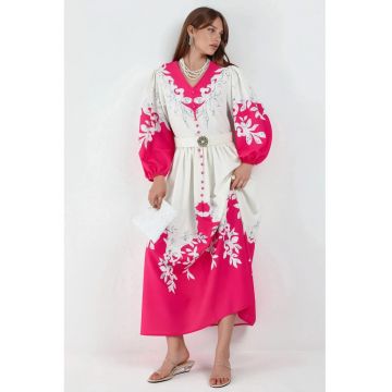 Rochie Maxi -  Floral - Alb - Maneca lunga - Decolteu in V - Nasturi