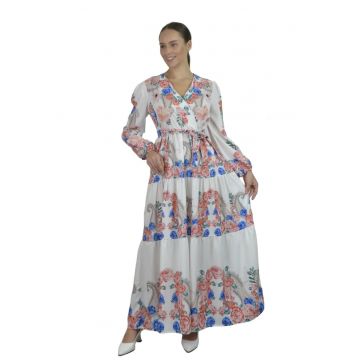 Rochie Maxi -  Floral - Alb - Poliester cu Lycra