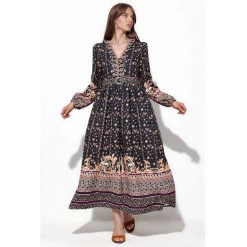 Rochie Maxi -  Floral - Multicolor - Casual - Maneci lungi - Decolteu in V - Cu curea -
