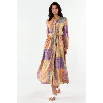 Rochie Maxi -  Geometrica - Multicolor - Chiffon - Maneci lungi - Cu curea