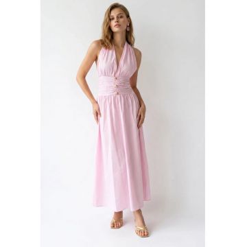 Rochie maxi -  guler halter - drapaj - roz pudrat - bumbac