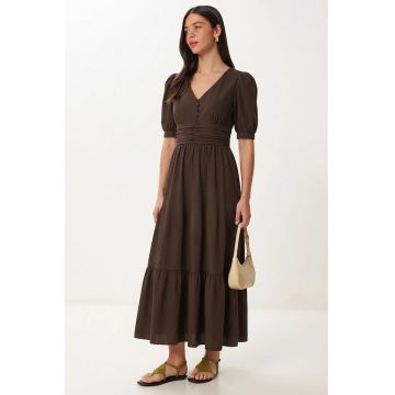 Rochie Maxi - Happiness Istanbul - A-line - decolteu in V - maro - poplin amestec bumbac-poliester