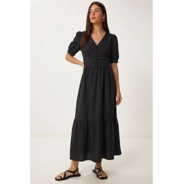 Rochie maxi - Happiness Istanbul - A-line - decolteu in V - negru - poplin bumbac-poliester