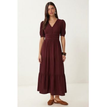 Rochie maxi - Happiness Istanbul - A-line - rosu - poplin amestec bumbac-poliester - maneci scurte - decolteu in V - detalii volanase