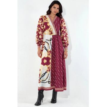 Rochie Maxi -  Multicolor - cu curea - maneci lungi - poliester-lycra