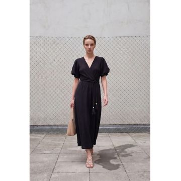 Rochie maxi -  petrecuta - decolteu in V - negru - bumbac-poliester