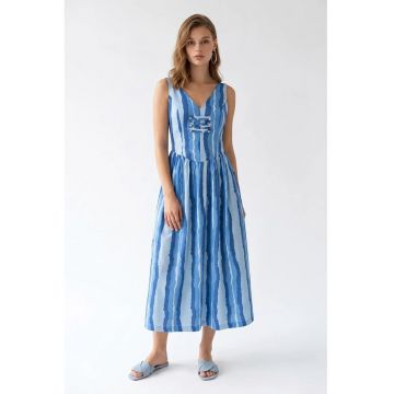 Rochie Midi A-line  cu dungi - detaliu cu snur - multicolor - poliester-elastan