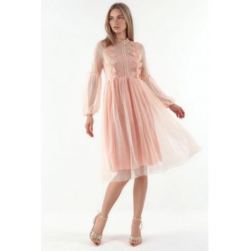 Rochie Midi A-Line  Dantela - Roz Pudra - Tul - Maneci Lungi