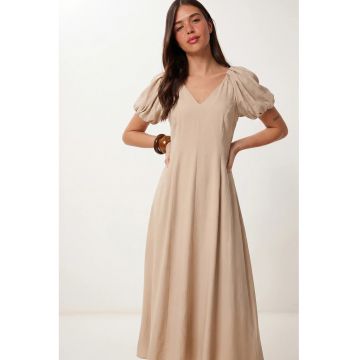Rochie Midi A-line Femei Happiness Istanbul - Bej Natural - Casual - 50% bumbac - 50% poliester
