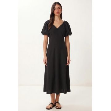 Rochie Midi A-line Femei Happiness Istanbul - Negru - decolteu in V - maneci scurte - crep tesut