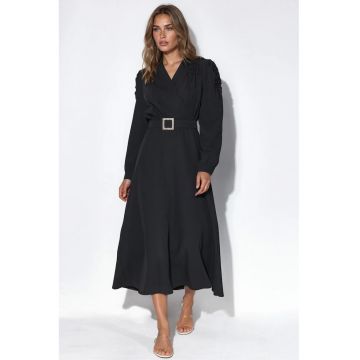 Rochie midi -  A-line - neagra - cu curea - din poliester si lycra -