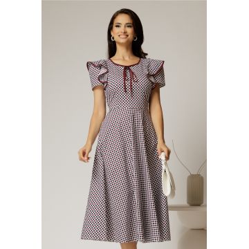 Rochie midi alba de zi cu buline negru bordo si volanase la maneci
