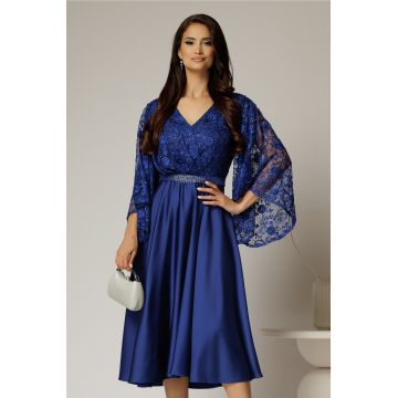 Rochie midi albastra de ocazie din satin si dantela