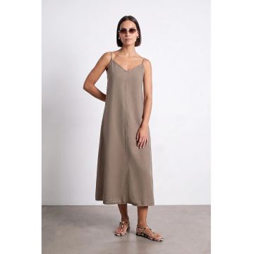 Rochie Midi -  Bej Natural - Tencel - Fara inchidere - Decolteu in V