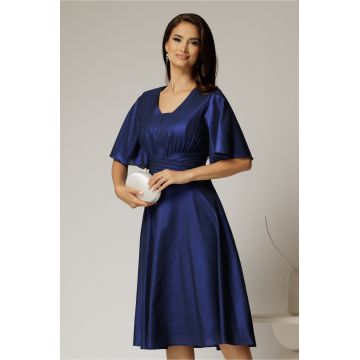 Rochie midi bleumarin de ocazie din voal cu sidef si decolteu in V