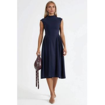 Rochie Midi  Bleumarin - Texturata cu Panouri - Poliester-Elastan -