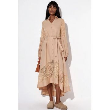 Rochie midi -  brodata - natural - poplin cu elasticitate