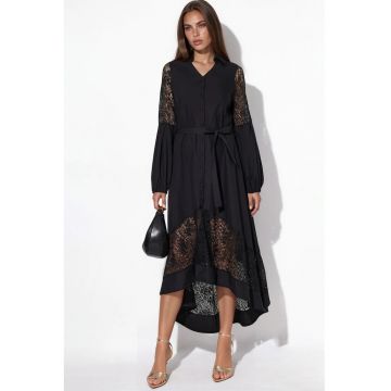 Rochie midi -  brodata - neagra - poplin - cu cordon