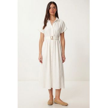 Rochie Midi Camasa Happiness Istanbul - Alb - bumbac-poliester - cu curea - maneci scurte
