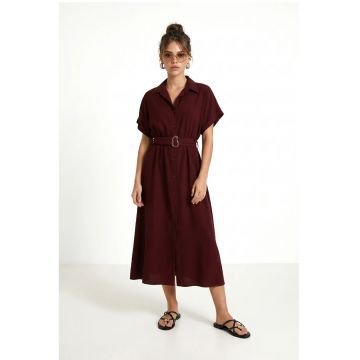 Rochie Midi Camasa Happiness Istanbul - Rosu - bumbac-poliester - cu curea - maneci scurte