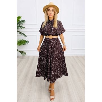 Rochie midi casual EVELISSE, cu guler camasa și curea texturată, Maro Ciocolata, Marime S/M