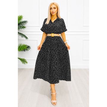 Rochie midi casual EVELISSE, cu guler camasa și curea texturată, Negru, Marime S/M