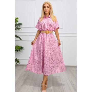 Rochie midi casual EVELISSE, cu guler camasa și curea texturată, Roz, Marime S/M