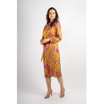 Rochie midi cu animal print Trinity - Violet/Galben mustar