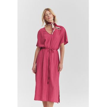 Rochie midi cu decolteu in V si snur de ajustare in talie - Roz zmeuriu