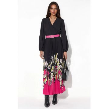 Rochie midi - dama -  floral - multicolor - poliester si lycra - cu cordon