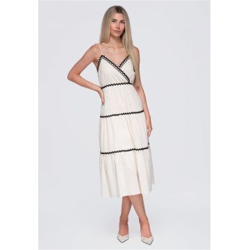 Rochie midi dama rozkloszata cu decolteu in V si ramitte ajustabile OW-DLR-E0006 - Bej