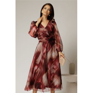 Rochie midi de ocazie bordo din voal cu imprimeuri bej