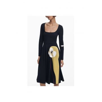 Rochie midi din amestec de bumbac cu decolteu patrat - Bleumarin