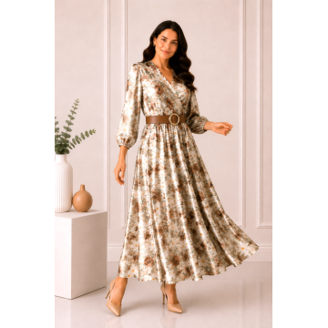 Rochie midi din satin cu imprimeu floral maro si curea in talie