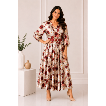 Rochie midi din satin cu imprimeu floral rosu si curea in talie