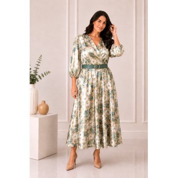 Rochie midi din satin cu imprimeu floral verde si curea in talie