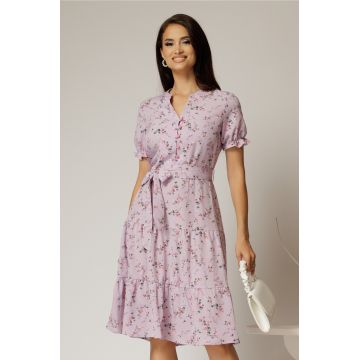 Rochie midi din viscoza lila cu imprimeuri de vara
