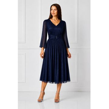Rochie midi -  din voal organza plisata - argintie - Albastru indigo