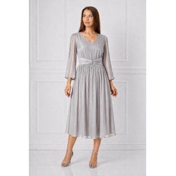 Rochie midi -  din voal organza plisata - argintie - Argintiu