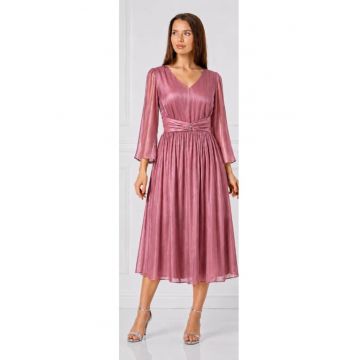 Rochie midi -  din voal organza plisata - argintie - Roz neon