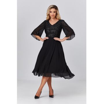 Rochie midi evazata cu aplicatii cu paiete - Negru
