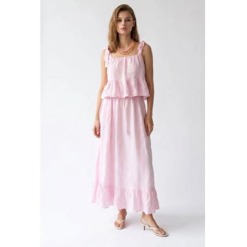 Rochie Midi Fara Maneci  Roz Pudra - Poliester - Detalii Volanase