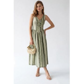 Rochie Midi Femei  A-line cu dungi - detaliu tip cravata - Multicolor - Poliester cu elastan