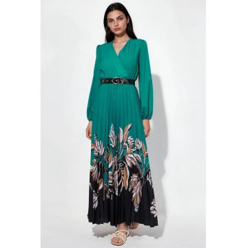 Rochie midi -  floral - multicolor - poliester si lycra - cu cordon
