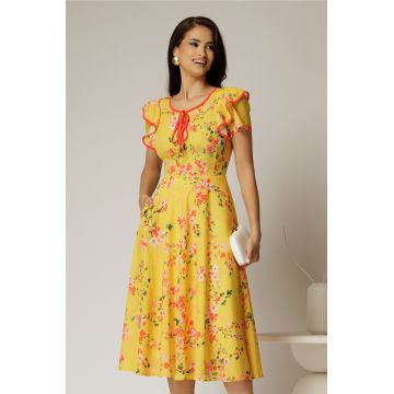 Rochie midi galbena de zi cu imprimeuri forale si volanase la maneci