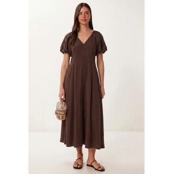 Rochie Midi - Happiness Istanbul - A-line - decolteu in V - maro - crep 50% bumbac - 50% poliester