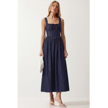 Rochie Midi - Happiness Istanbul - A-line - decolteu patrat - bleumarin - denim