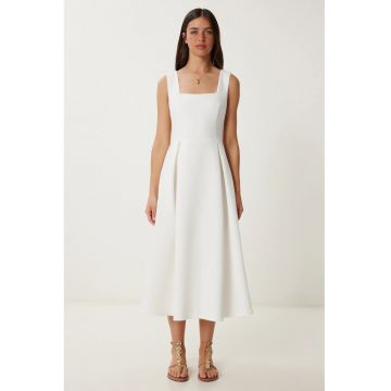 Rochie Midi - Happiness Istanbul - A-line - guler patrat - alb - poliester -